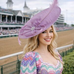 Lavender Wide Brim Fascinator – KY Derby Hat w Feather & Crystal Brooch